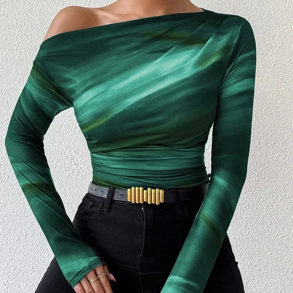 Green Casual Women's Marble Ombre Print Asymmetric neckline Top - Picture 1 of 6